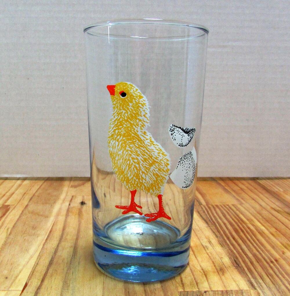 Hatching Chicken Egg Drinking Glass Beverage Tumbler Blue Clear Yellow Chick